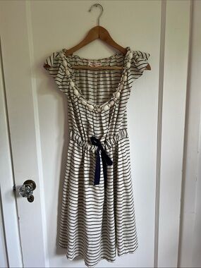 Rebecca Taylor 100% Silk Ivory & Navy Striped Tie-Waist Midi Dress